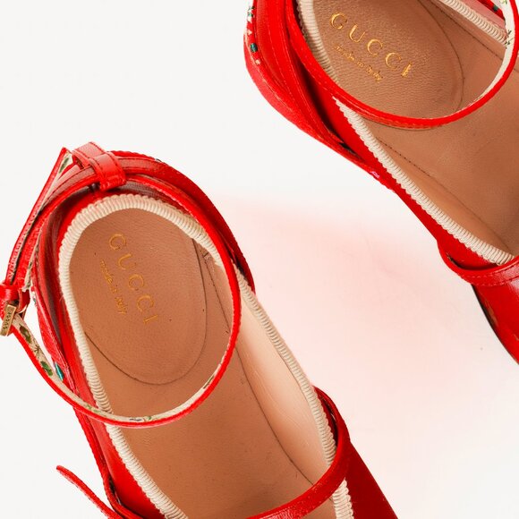 Gucci Hibiscus Red Malaga Kid Silk Hannelore Detachable Platform Slide - Picture 12 of 13